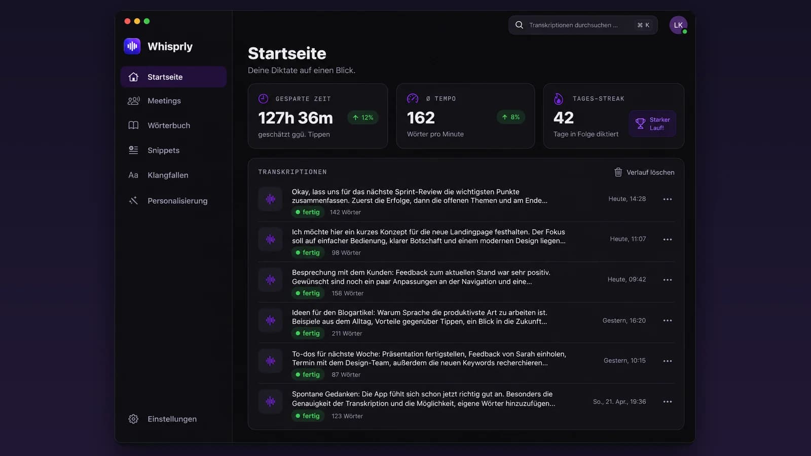Screenshot: Whisprly, Startseite