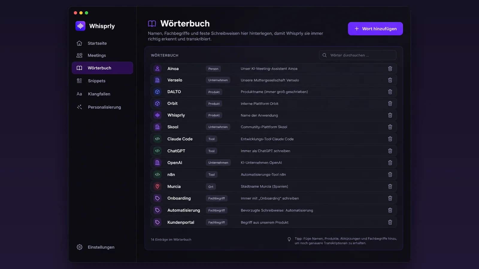 Screenshot: Whisprly, Wörterbuch